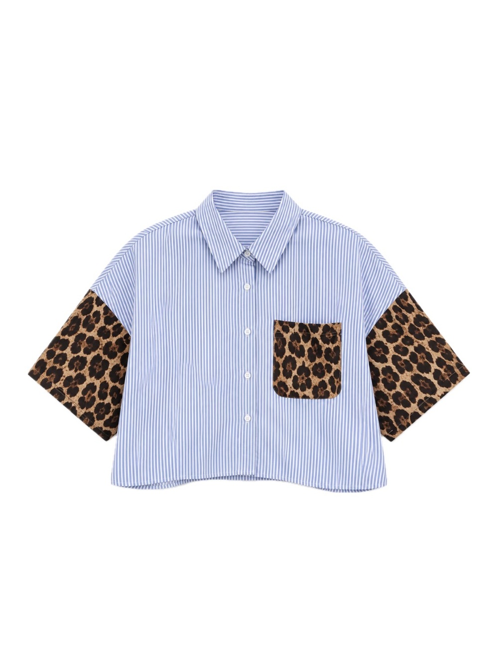 Shein Striped Blue Crop Short-Sleeve Shirt with Leopard Pocket and Sleeves